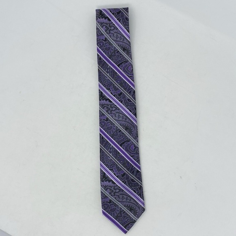 Pronto Uomo Mens Silk Tie Purple Paisley Stripes Necktie Classic Old Money Prep